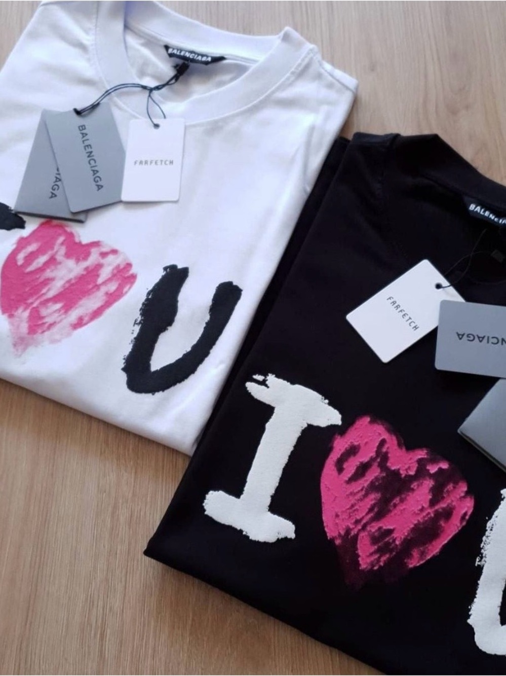 Balenciaga Unisex Short Sleeve Tee in White and Black with Pink Heart Graphic
